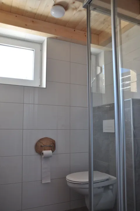 Badezimmer mit Dusche, WC und Waschbecken